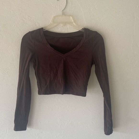 SHEIN brown long sleeve cropped v-neck top shirt - Picture 1 of 7